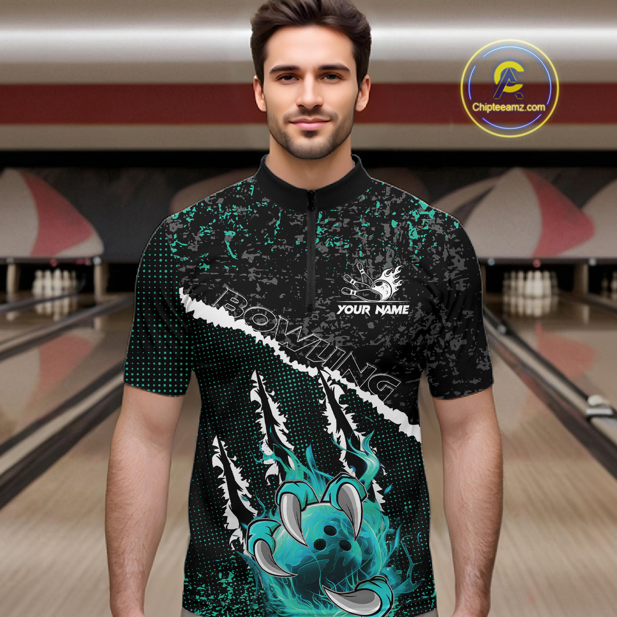 Black and Teal Flaming Claw Bowling Shirts for Men Custom Bowling League Team Jerseys TDM7462