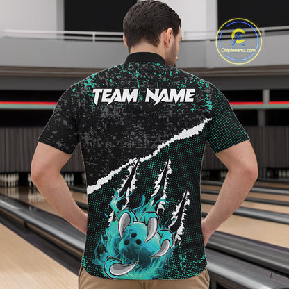 Black and Teal Flaming Claw Bowling Shirts for Men Custom Bowling League Team Jerseys TDM7462