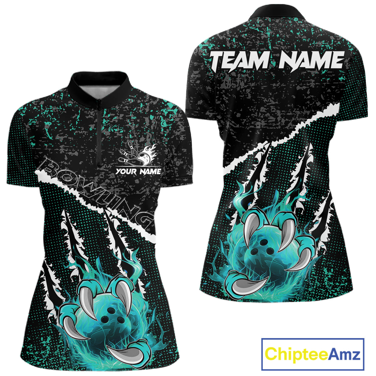 Black and Teal Flaming Claw Bowling Shirts for Women Custom Bowling League Team Jerseys TDM7462