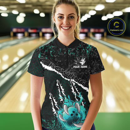 Black and Teal Flaming Claw Bowling Shirts for Women Custom Bowling League Team Jerseys TDM7462