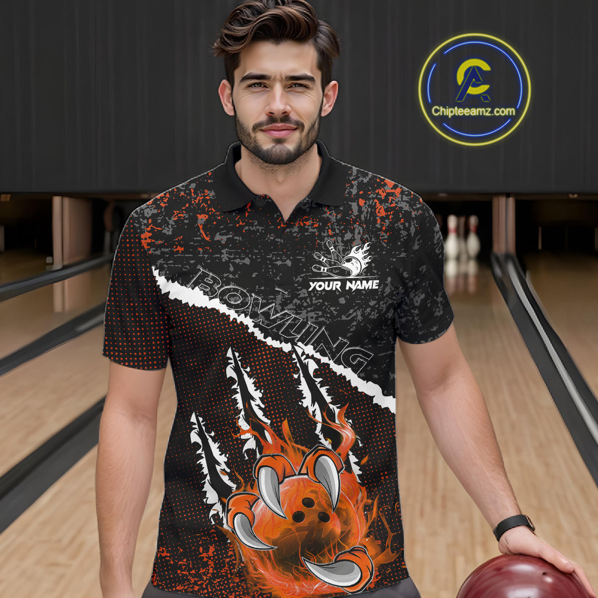 Black and Orange Flaming Claw Bowling Shirts for Men Custom Bowling League Team Jerseys TDM7463
