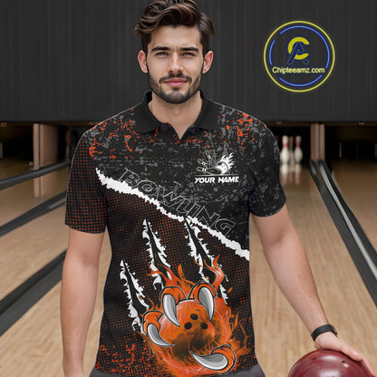 Black and Orange Flaming Claw Bowling Shirts for Men Custom Bowling League Team Jerseys TDM7463