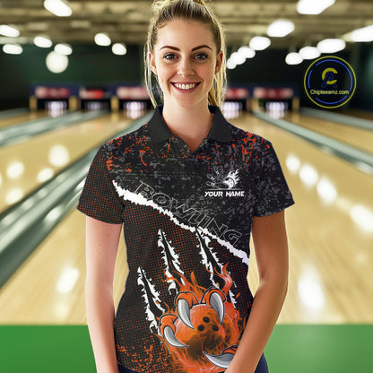 Black and Orange Flaming Claw Bowling Shirts for Women Custom Bowling League Team Jerseys TDM7463