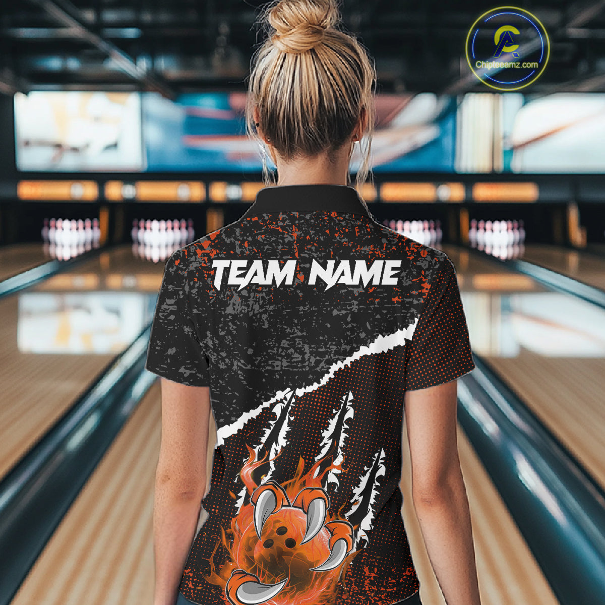 Black and Orange Flaming Claw Bowling Shirts for Women Custom Bowling League Team Jerseys TDM7463