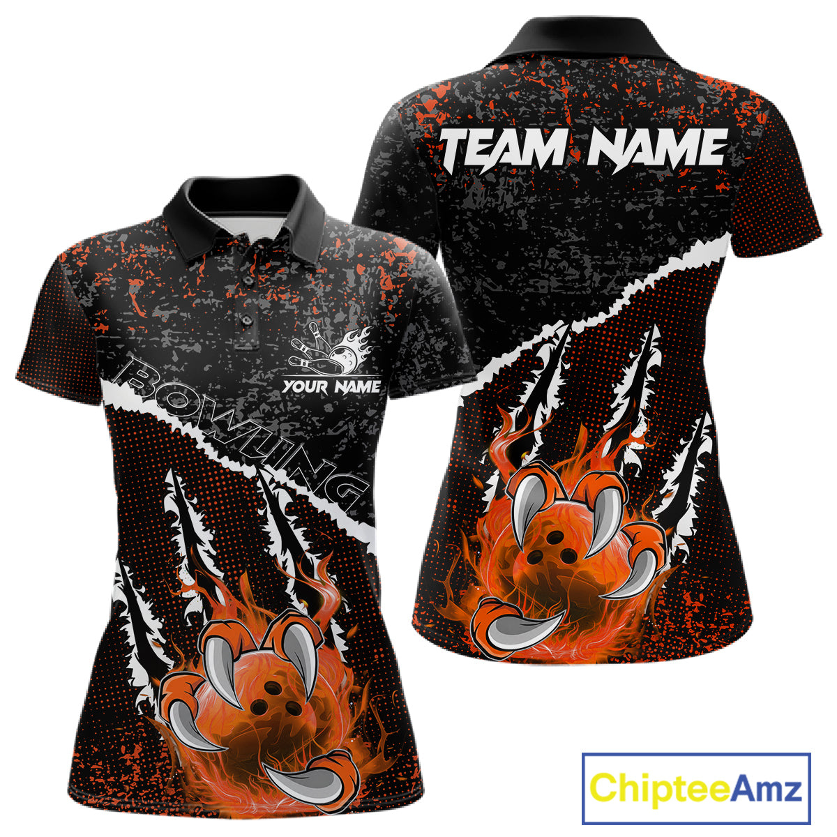 Black and Orange Flaming Claw Bowling Shirts for Women Custom Bowling League Team Jerseys TDM7463