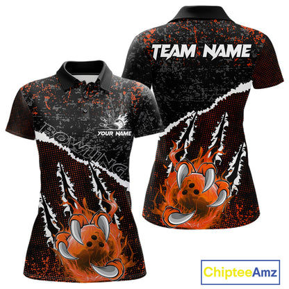 Black and Orange Flaming Claw Bowling Shirts for Women Custom Bowling League Team Jerseys TDM7463