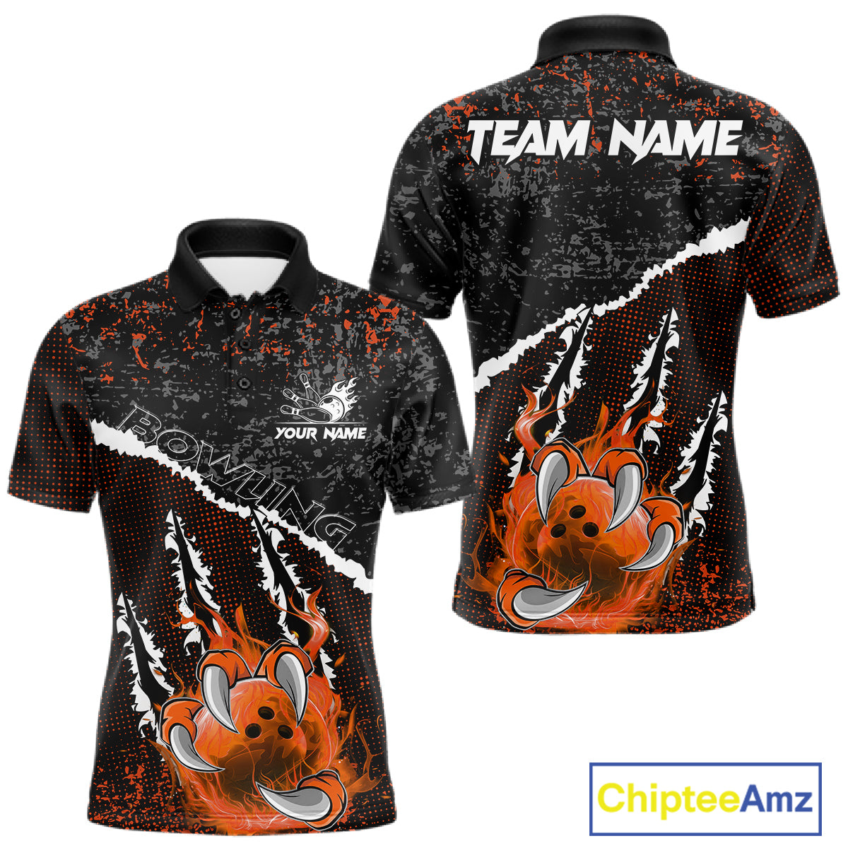 Black and Orange Flaming Claw Bowling Shirts for Men Custom Bowling League Team Jerseys TDM7463