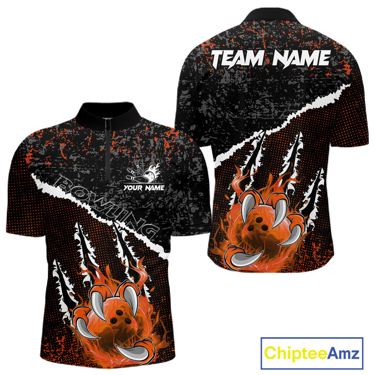 Black and Orange Flaming Claw Bowling Shirts for Men Custom Bowling League Team Jerseys TDM7463