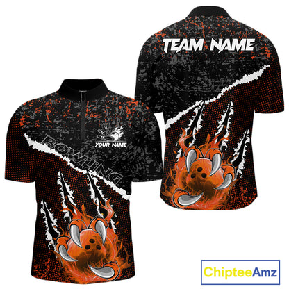 Black and Orange Flaming Claw Bowling Shirts for Men Custom Bowling League Team Jerseys TDM7463
