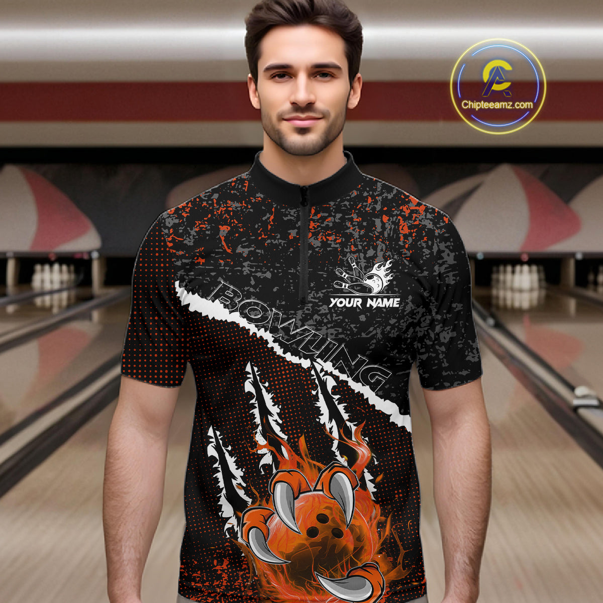 Black and Orange Flaming Claw Bowling Shirts for Men Custom Bowling League Team Jerseys TDM7463