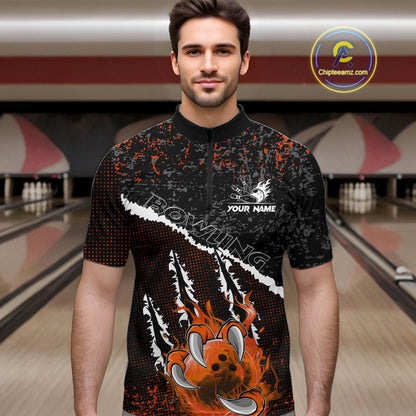 Black and Orange Flaming Claw Bowling Shirts for Men Custom Bowling League Team Jerseys TDM7463