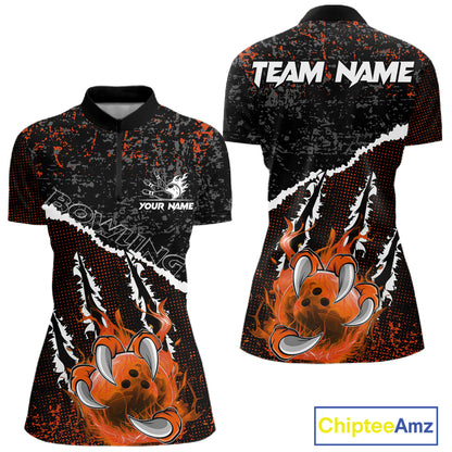 Black and Orange Flaming Claw Bowling Shirts for Women Custom Bowling League Team Jerseys TDM7463