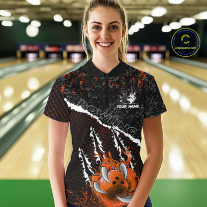 Black and Orange Flaming Claw Bowling Shirts for Women Custom Bowling League Team Jerseys TDM7463