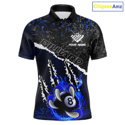 Black and Blue Flaming Claw 8 Ball Billiard Pool Shirts for Men Custom Billiard League Team Jersey TDM7464