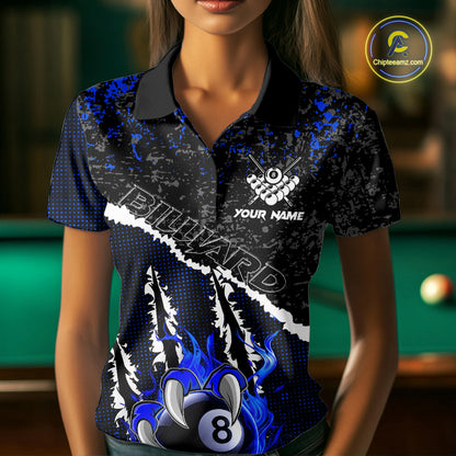 Black and Blue Flaming Claw 8 Ball Billiard Pool Shirts for Women Custom Billiard League Team Jersey TDM7464