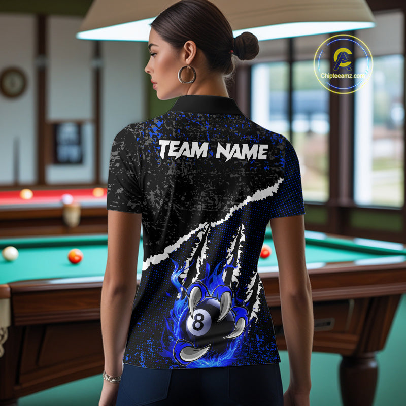 Black and Blue Flaming Claw 8 Ball Billiard Pool Shirts for Women Custom Billiard League Team Jersey TDM7464