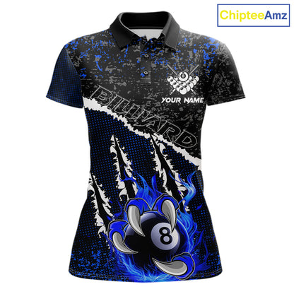 Black and Blue Flaming Claw 8 Ball Billiard Pool Shirts for Women Custom Billiard League Team Jersey TDM7464