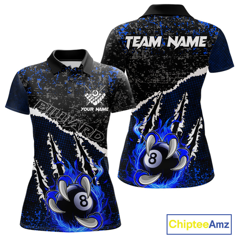 Black and Blue Flaming Claw 8 Ball Billiard Pool Shirts for Women Custom Billiard League Team Jersey TDM7464