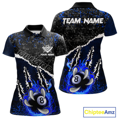 Black and Blue Flaming Claw 8 Ball Billiard Pool Shirts for Women Custom Billiard League Team Jersey TDM7464