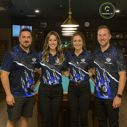 Black and Blue Flaming Claw 8 Ball Billiard Pool Shirts for Men Custom Billiard League Team Jersey TDM7464