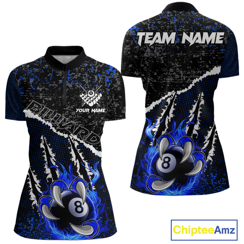 Black and Blue Flaming Claw 8 Ball Billiard Pool Shirts for Women Custom Billiard League Team Jersey TDM7464