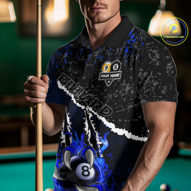 Black and Blue Flaming Claw 8 Ball & 9 Ball Billiard Shirts for Men Custom Pool Team Jersey TDM7465