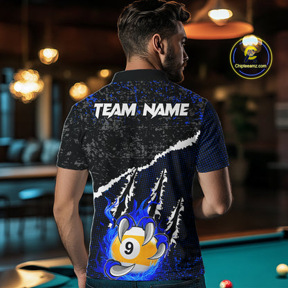 Black and Blue Flaming Claw 8 Ball & 9 Ball Billiard Shirts for Men Custom Pool Team Jersey TDM7465