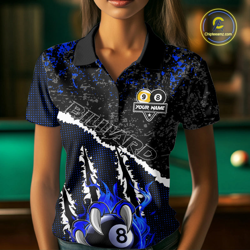 Black and Blue Flaming Claw 8 Ball & 9 Ball Billiard Shirts for Women Custom Pool Team Jersey TDM7465