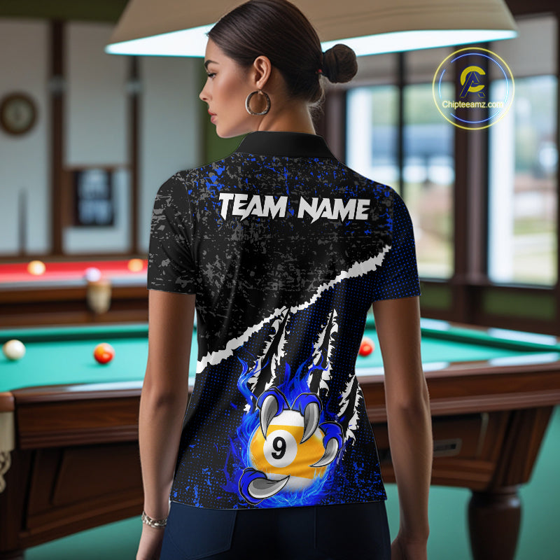 Black and Blue Flaming Claw 8 Ball & 9 Ball Billiard Shirts for Women Custom Pool Team Jersey TDM7465