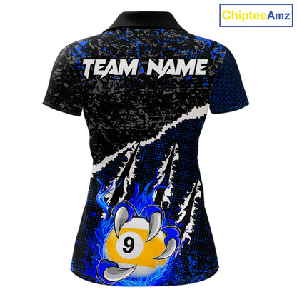 Black and Blue Flaming Claw 8 Ball & 9 Ball Billiard Shirts for Women Custom Pool Team Jersey TDM7465