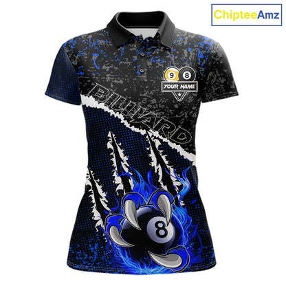 Black and Blue Flaming Claw 8 Ball & 9 Ball Billiard Shirts for Women Custom Pool Team Jersey TDM7465