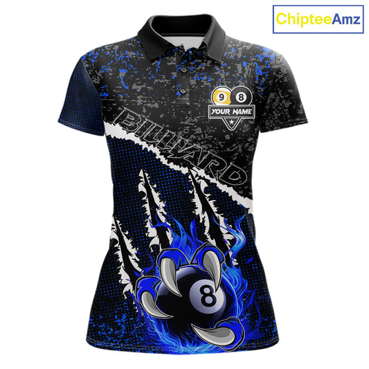 Black and Blue Flaming Claw 8 Ball & 9 Ball Billiard Shirts for Women Custom Pool Team Jersey TDM7465