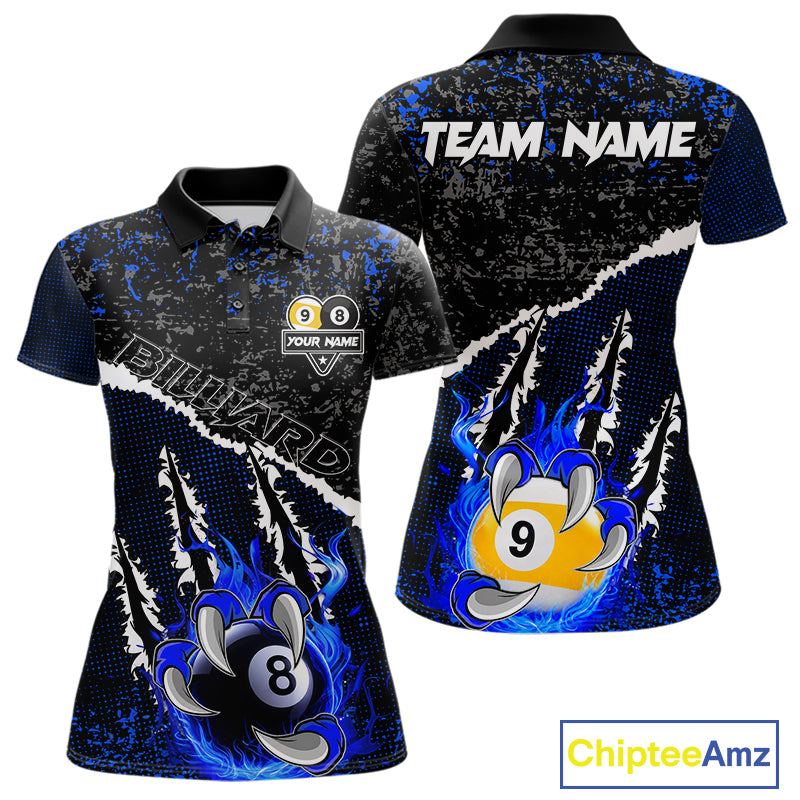 Black and Blue Flaming Claw 8 Ball & 9 Ball Billiard Shirts for Women Custom Pool Team Jersey TDM7465