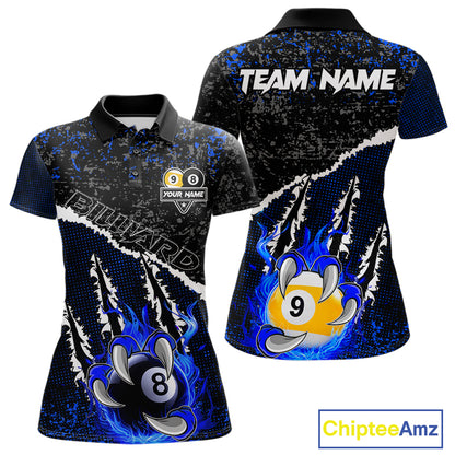 Black and Blue Flaming Claw 8 Ball & 9 Ball Billiard Shirts for Women Custom Pool Team Jersey TDM7465