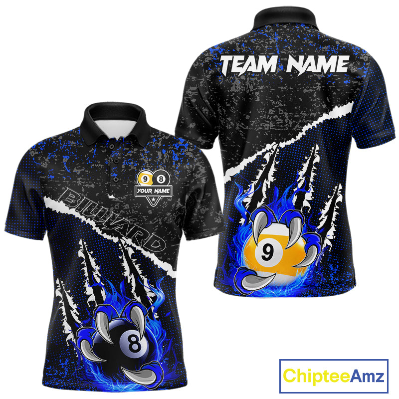 Black and Blue Flaming Claw 8 Ball & 9 Ball Billiard Shirts for Men Custom Pool Team Jersey TDM7465