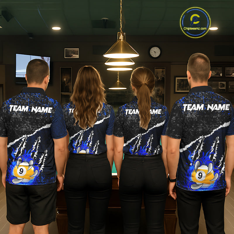 Black and Blue Flaming Claw 8 Ball & 9 Ball Billiard Shirts for Men Custom Pool Team Jersey TDM7465