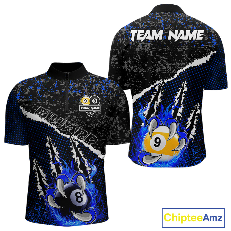 Black and Blue Flaming Claw 8 Ball & 9 Ball Billiard Shirts for Men Custom Pool Team Jersey TDM7465