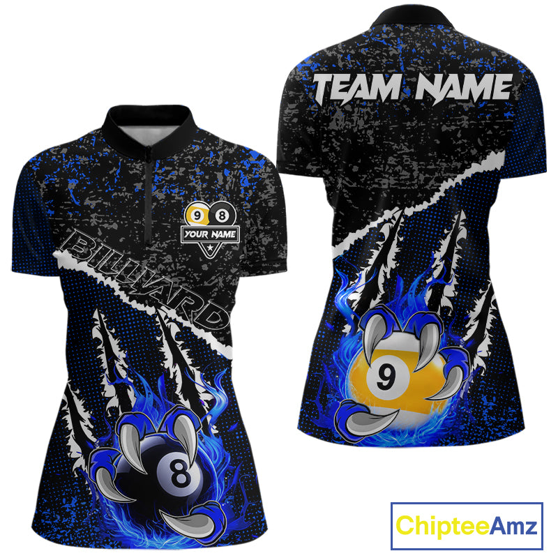 Black and Blue Flaming Claw 8 Ball & 9 Ball Billiard Shirts for Women Custom Pool Team Jersey TDM7465