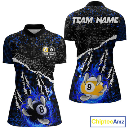 Black and Blue Flaming Claw 8 Ball & 9 Ball Billiard Shirts for Women Custom Pool Team Jersey TDM7465