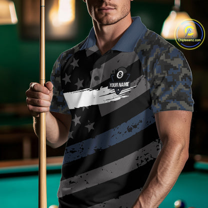Blue Camo US Flag 8 Ball Billiard Pool Shirts for Men Custom Patriotic Billiard Team Jersey TDM7468
