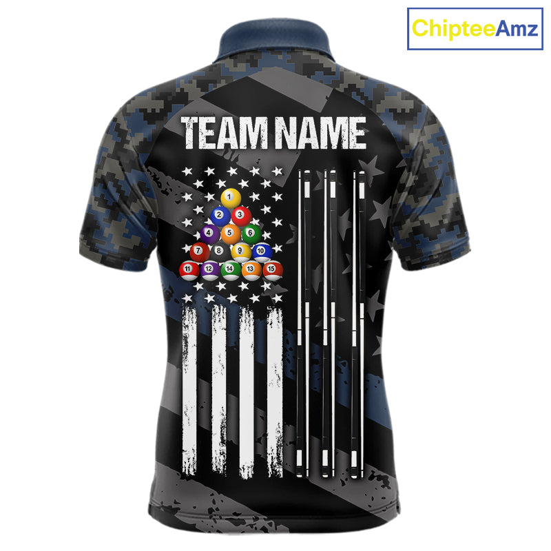 Blue Camo US Flag 8 Ball Billiard Pool Shirts for Men Custom Patriotic Billiard Team Jersey TDM7468