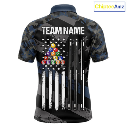 Blue Camo US Flag 8 Ball Billiard Pool Shirts for Men Custom Patriotic Billiard Team Jersey TDM7468