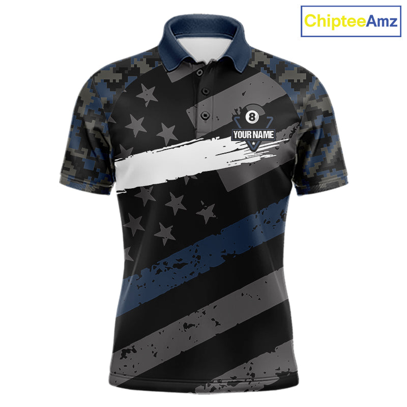 Blue Camo US Flag 8 Ball Billiard Pool Shirts for Men Custom Patriotic Billiard Team Jersey TDM7468