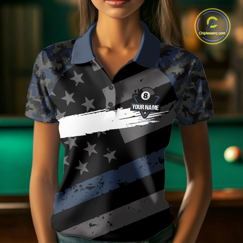 Blue Camo US Flag 8 Ball Billiard Pool Shirts for Women Custom Patriotic Billiard Team Jersey TDM7468