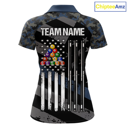 Blue Camo US Flag 8 Ball Billiard Pool Shirts for Women Custom Patriotic Billiard Team Jersey TDM7468