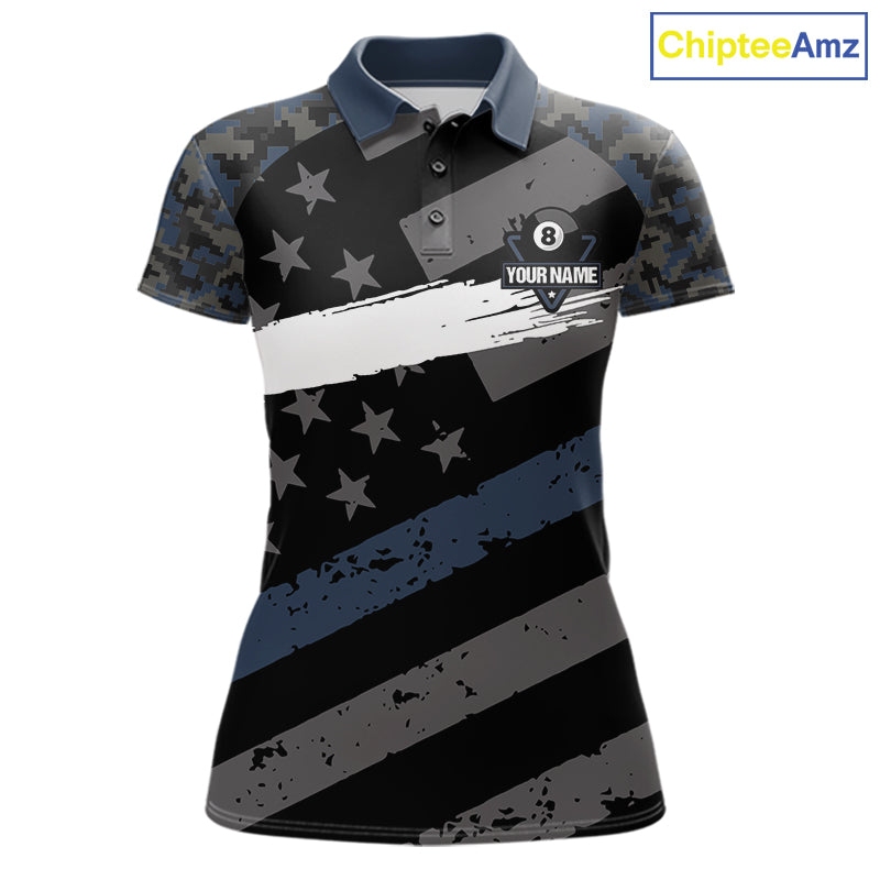 Blue Camo US Flag 8 Ball Billiard Pool Shirts for Women Custom Patriotic Billiard Team Jersey TDM7468