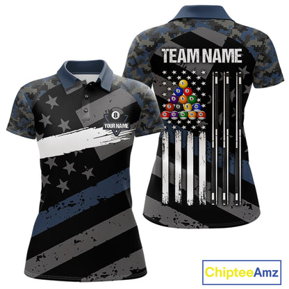 Blue Camo US Flag 8 Ball Billiard Pool Shirts for Women Custom Patriotic Billiard Team Jersey TDM7468