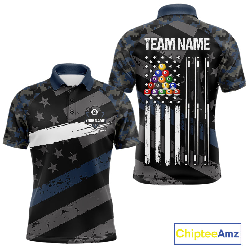 Blue Camo US Flag 8 Ball Billiard Pool Shirts for Men Custom Patriotic Billiard Team Jersey TDM7468