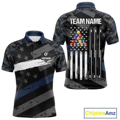 Blue Camo US Flag 8 Ball Billiard Pool Shirts for Men Custom Patriotic Billiard Team Jersey TDM7468