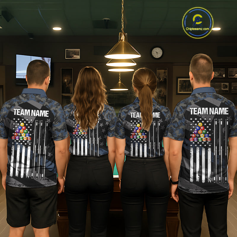 Blue Camo US Flag 8 Ball Billiard Pool Shirts for Men Custom Patriotic Billiard Team Jersey TDM7468